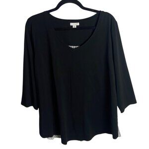 J Jill Size Xl Petite Black Striped Button Back V-Neck 3/4 Sleeve Blouse Top